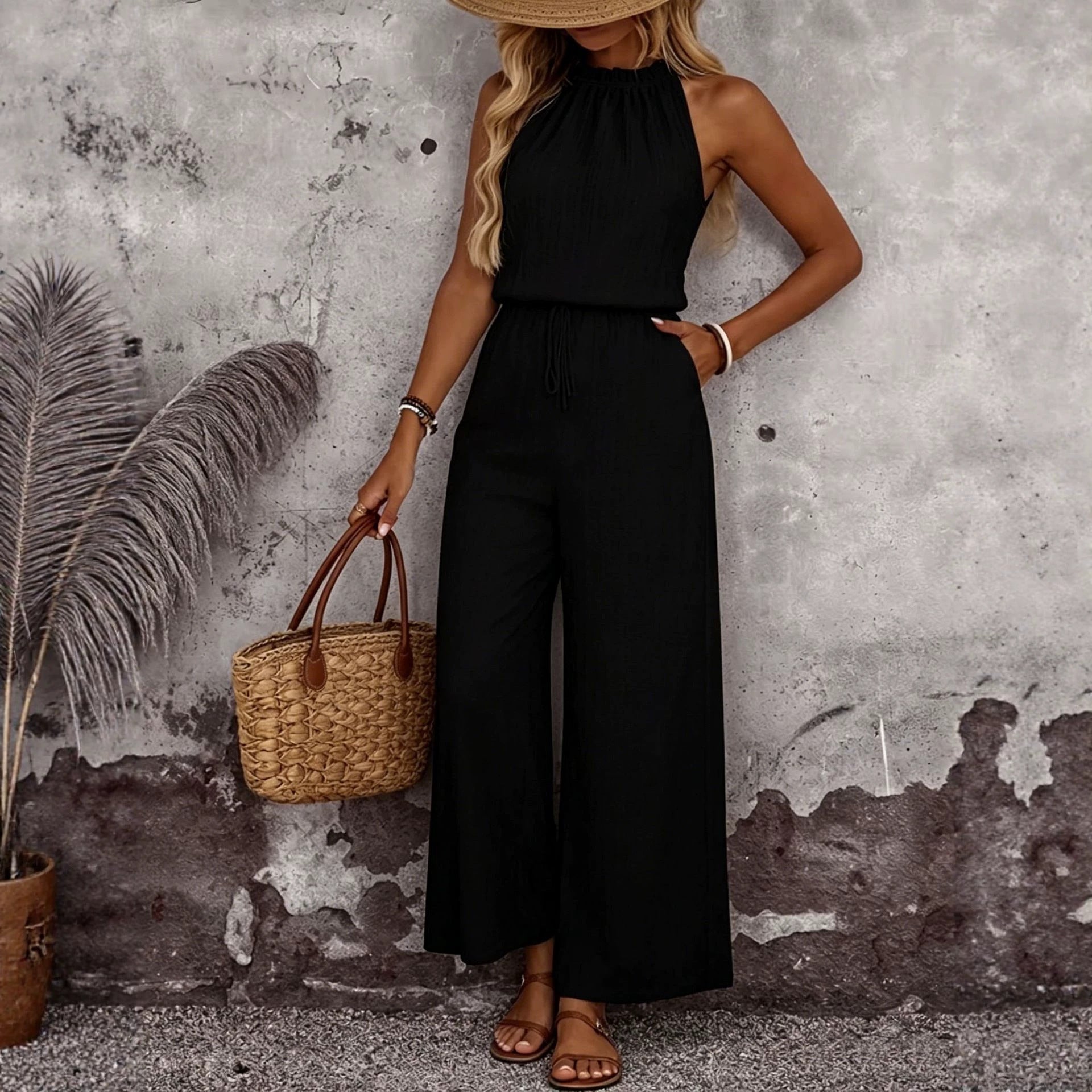 Women's sleeveless vest and casual pants two-piece set from Plush Fashion Hub, featuring a draped neck design and relaxed fit.