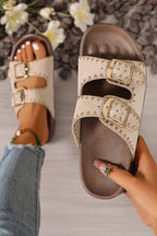 Leah Buckle faux suede slippers by Threaded Pear featuring a cozy slip-on design and buckle detail for comfortable indoor wear.