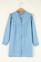VYSN button-up notched long sleeve denim dress displayed on a model, showcasing its classic collar and stylish design.