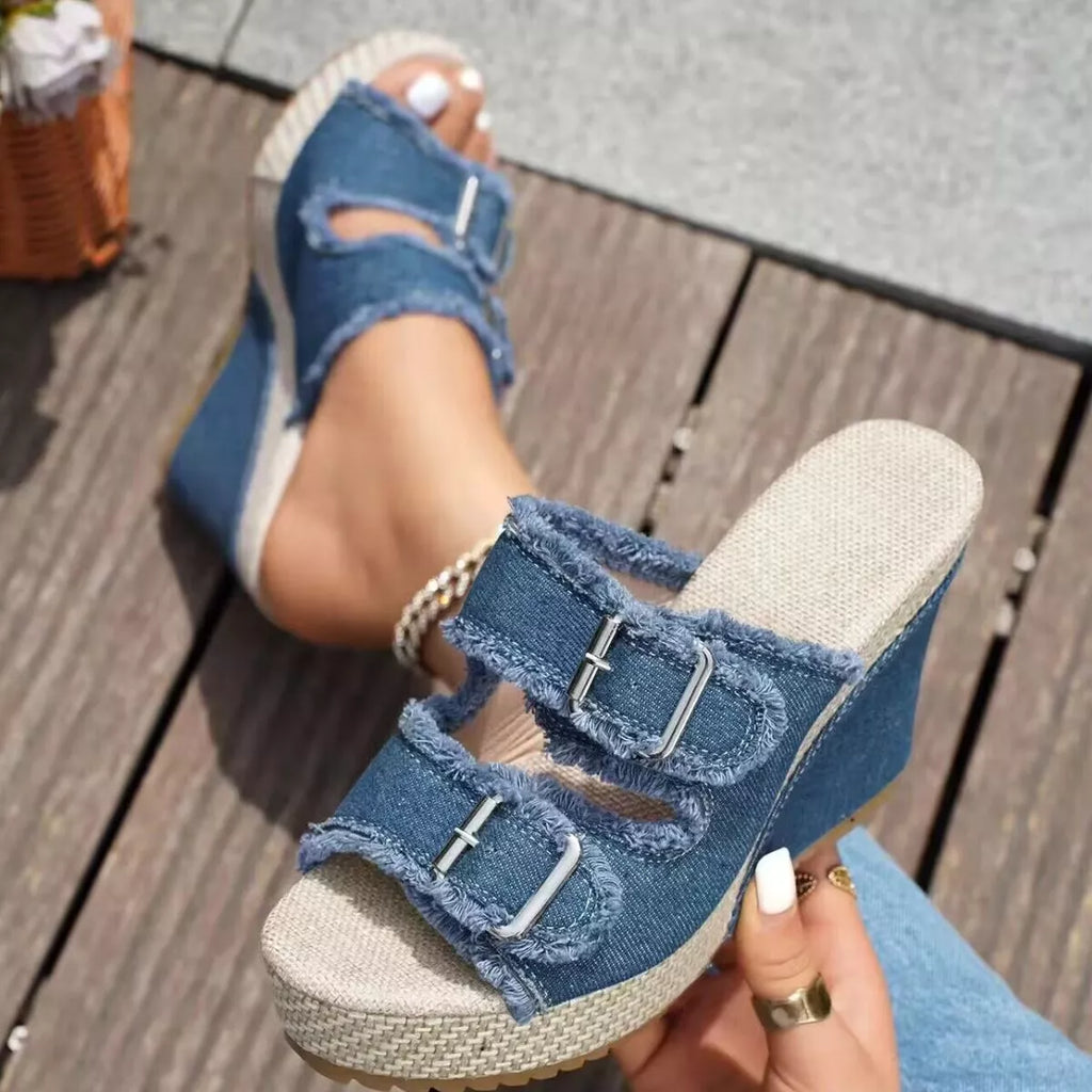 Shopimist buckle open toe wedge sandals featuring a stylish strap design and comfortable heel, perfect for summer outfits.