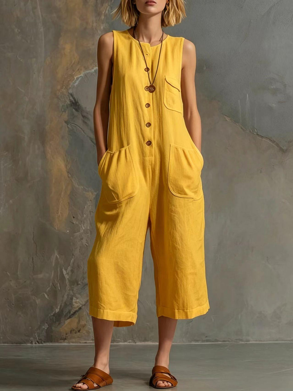 LadyShow.Store retro sleeveless cotton-linen wide-leg cropped jumpsuit displayed on a model, showcasing its relaxed fit and casual style.