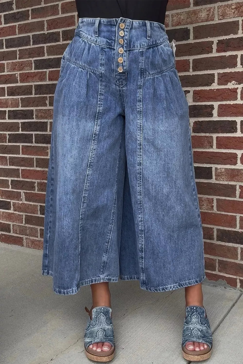 High-waisted wide-leg cotton denim jeans by Plush Fashion Hub with button-fly closure and classic fit, shown on a model.