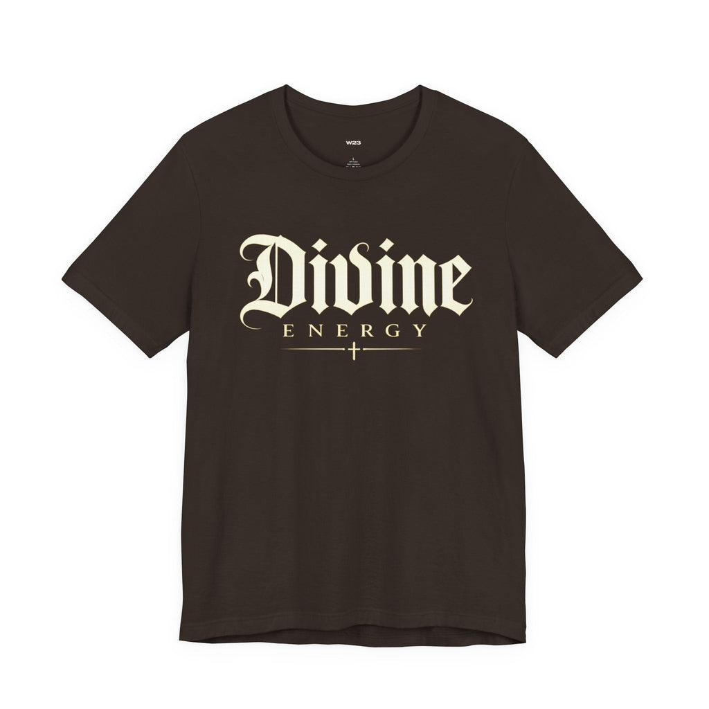 Black T-shirt from Wear Your Worship with Gothic script "Divine Energy" faith graphic, casual fit and bold design.
