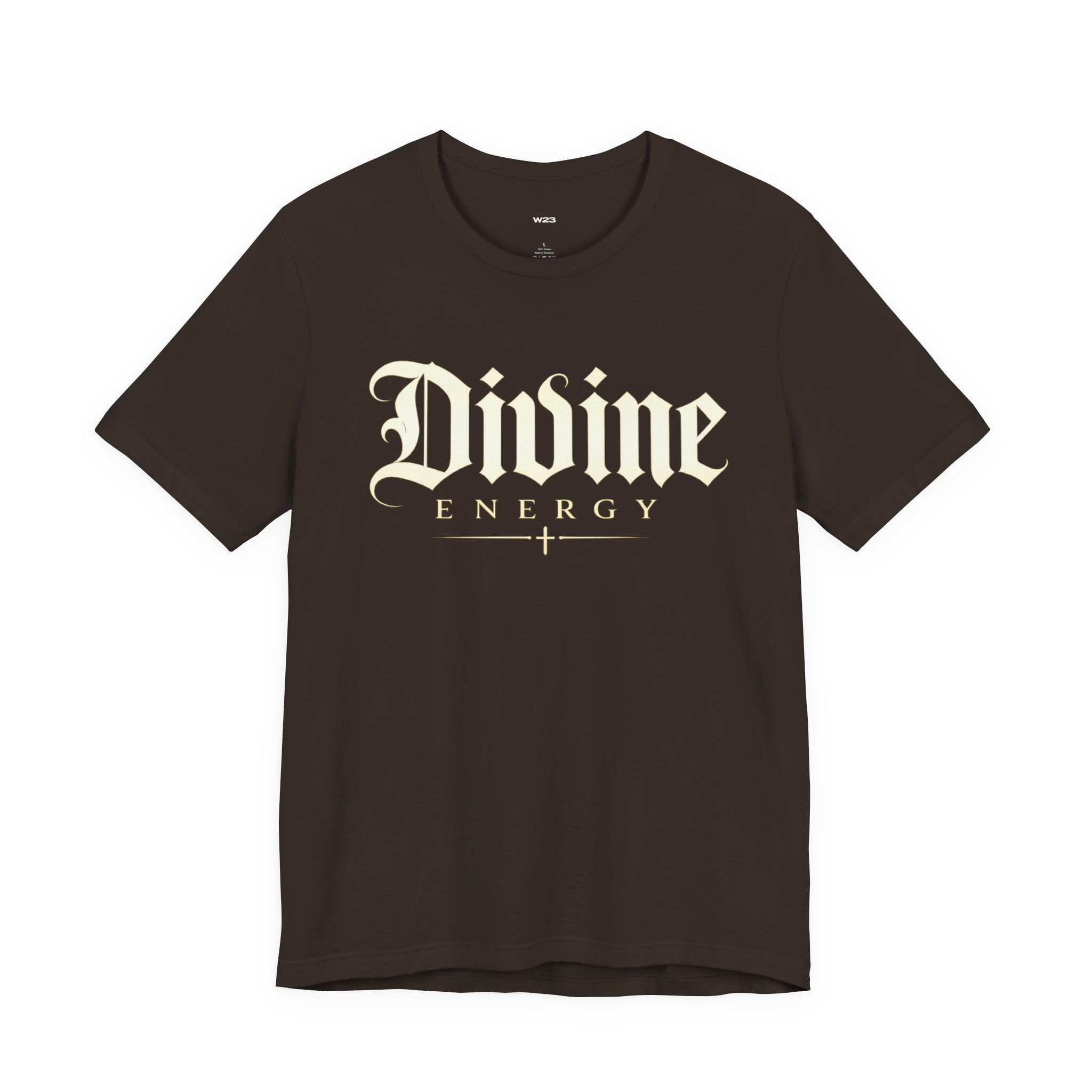 Black T-shirt from Wear Your Worship with Gothic script "Divine Energy" faith graphic, casual fit and bold design.