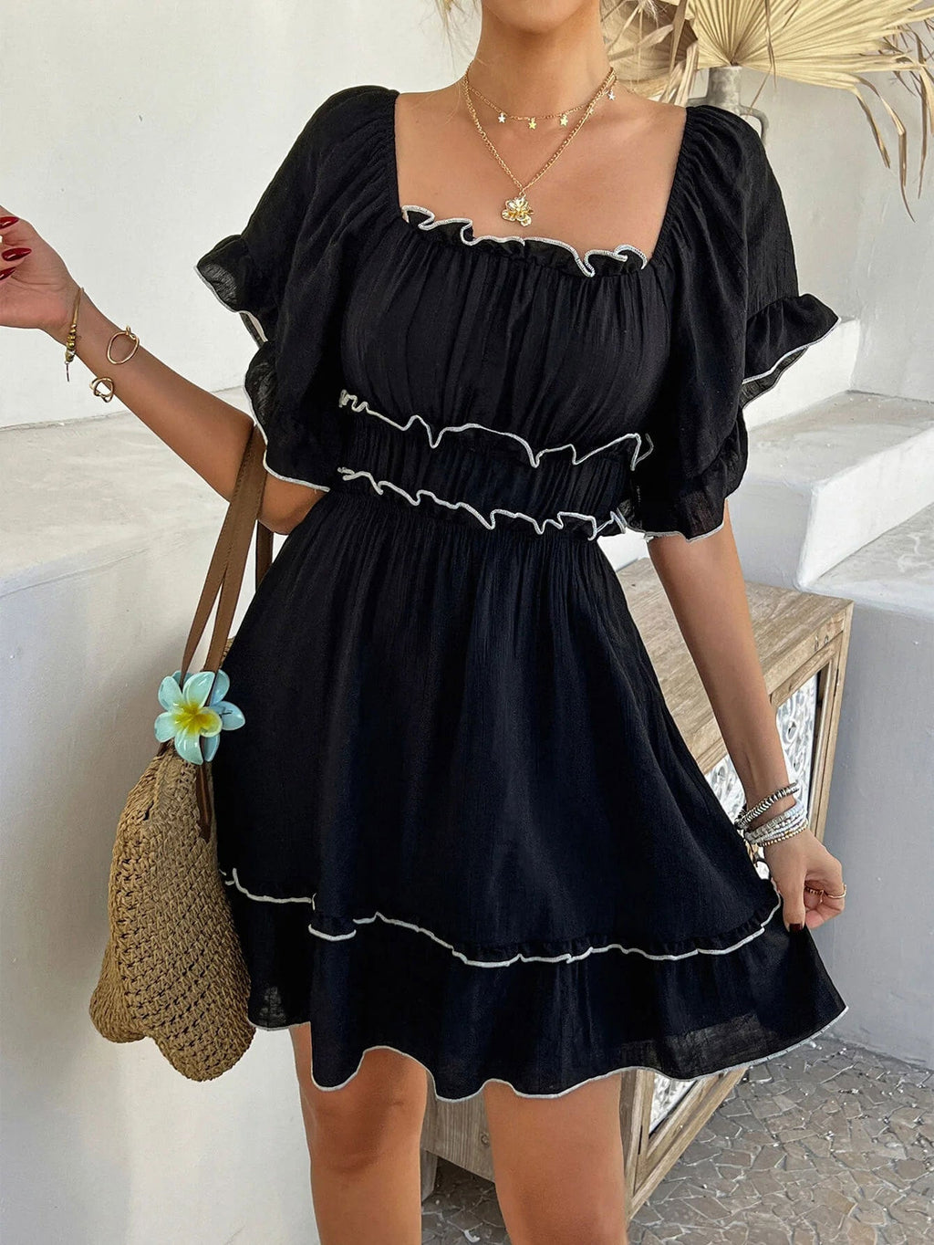 Women's French style square neck dress by FitiqueFit featuring ruffled short sleeves, perfect for casualwear.