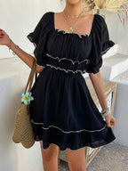 Women's French style square neck dress by FitiqueFit featuring ruffled short sleeves, perfect for casualwear.