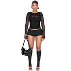 Solid Color Mesh 4-Piece Set Vest Long Sleeve Sheer Outfit Women's Set