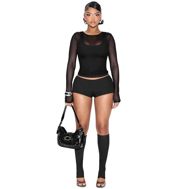 Solid Color Mesh 4-Piece Set Vest Long Sleeve Sheer Outfit Women's Set