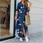 Women's floral print long shirt dress with lapel collar from Plush Fashion Hub, relaxed fit midi dress perfect for casual wear.