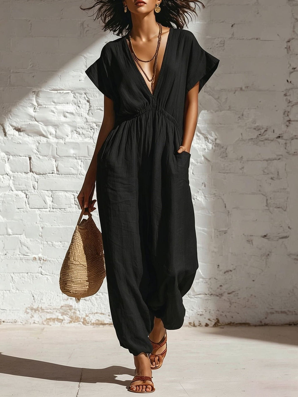 Women's deep V-neck three-quarter sleeve high waist wide-leg pants by Plush Fashion Hub, shown in a stylish, flowing fit.