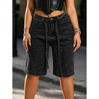 Women's Rhinestone-Embellished Denim Shorts – Loose Fit Straight-Leg with Belt