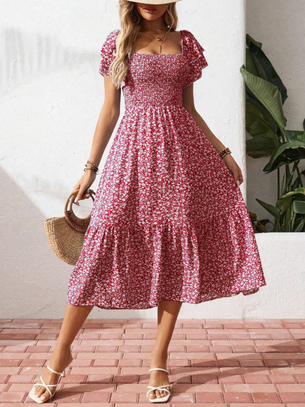 Floral print smocked ruffle sleeve midi dress from Trendsi, lightweight summer fashion, styled with flowy ruffles and a fitted bodice.