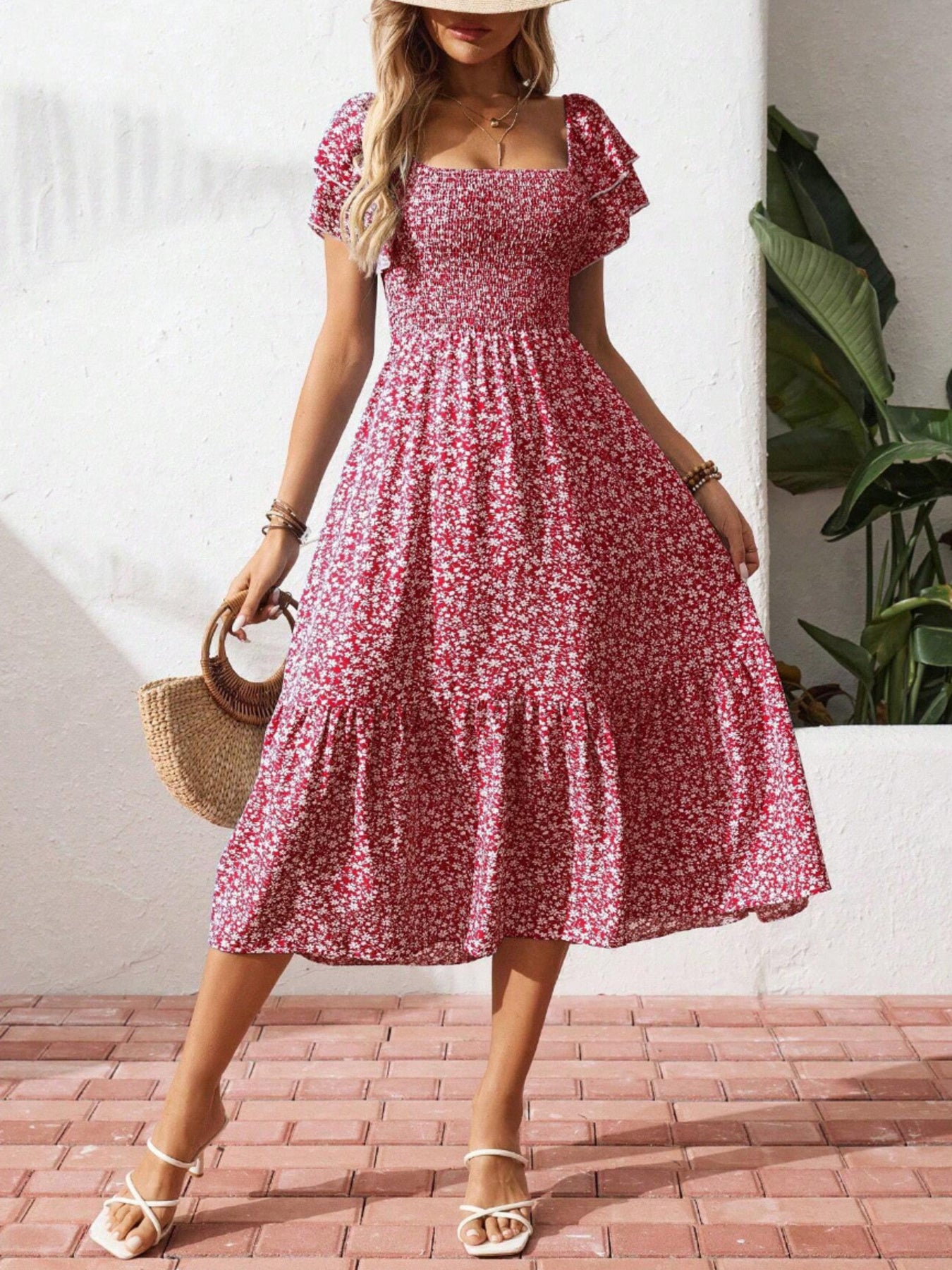 Floral print smocked ruffle sleeve midi dress from Trendsi, lightweight summer fashion, styled with flowy ruffles and a fitted bodice.