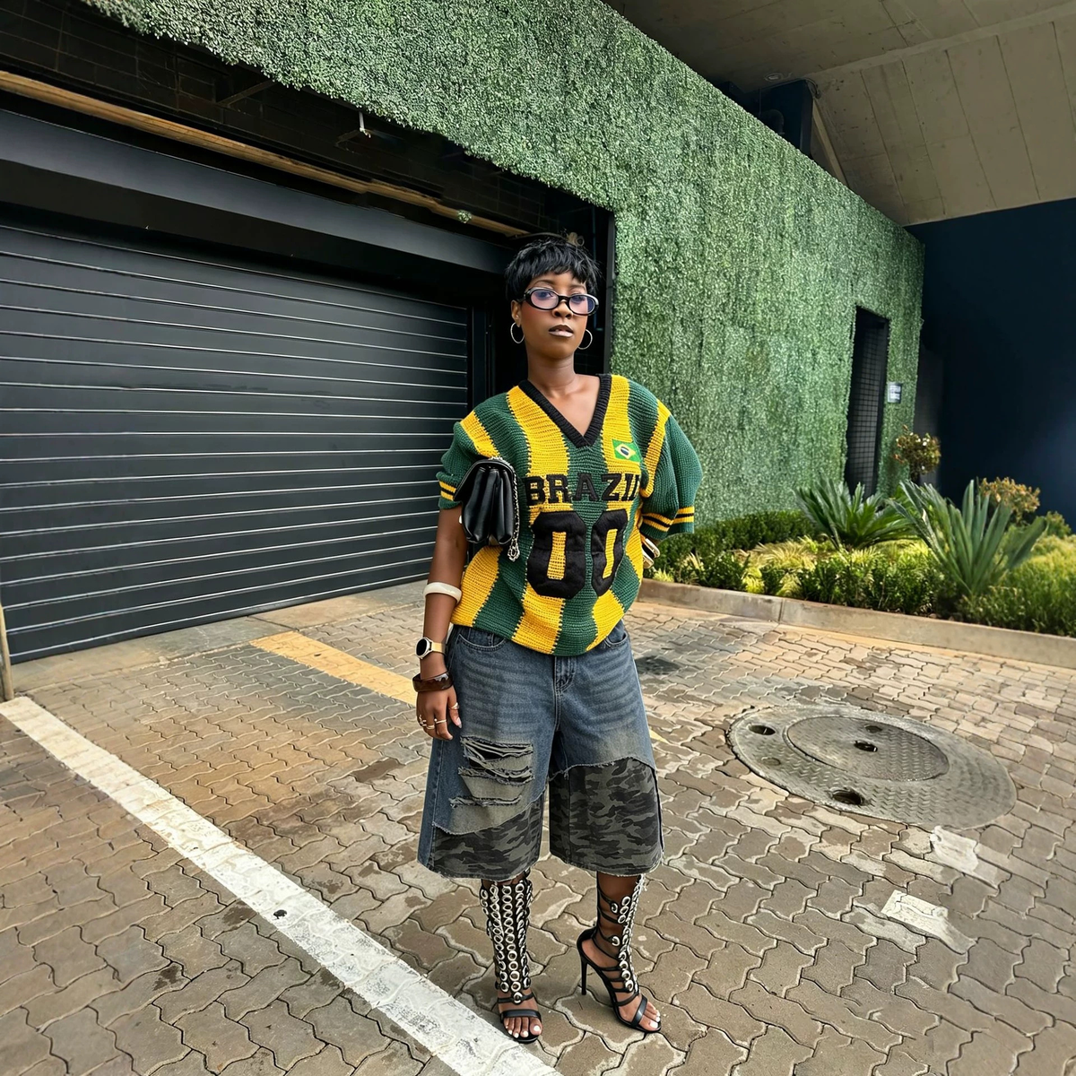 Urban Edge Camo Patchwork Denim two-piece set by Plush Fashion Hub, featuring camo print and patchwork design on denim jacket and pants.