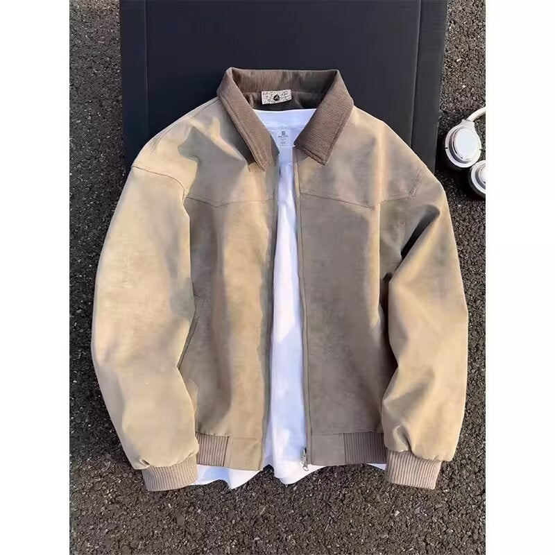 Tan suede bomber jacket with a brown corduroy collar, ribbed cuffs and hem, and a front zipper.