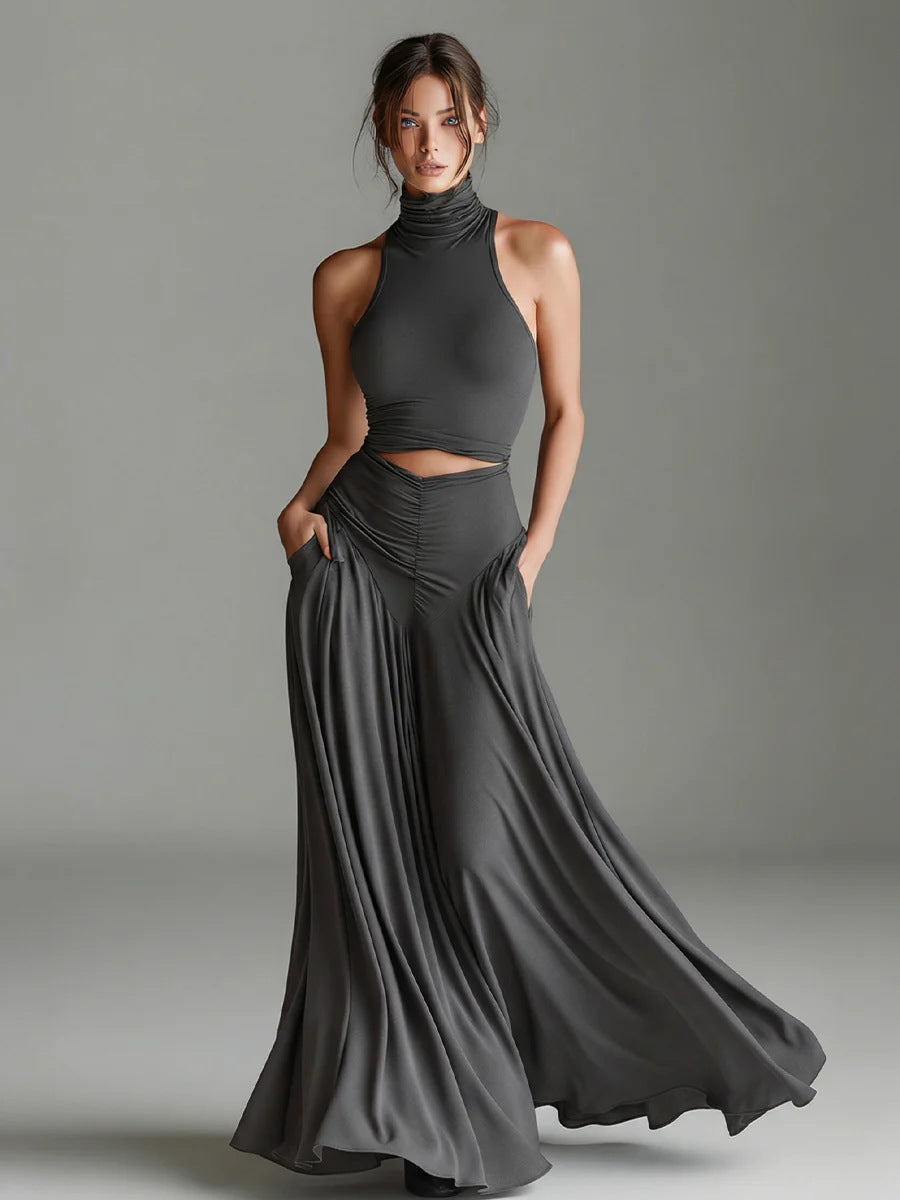 Style Sleeveless High Neck Top with Elegant Long Dress Two-Piece Set