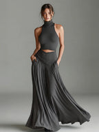 Style Sleeveless High Neck Top with Elegant Long Dress Two-Piece Set