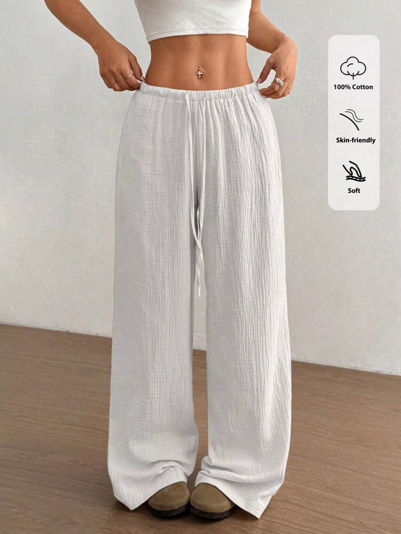 Plush Fashion Hub wide-leg drawstring pants in soft plush fabric, featuring a relaxed fit and casual style.