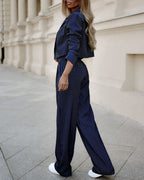Women's spring striped suit set by LadyShow featuring a casual cropped long sleeve top and straight pants, perfect for stylish comfort.
