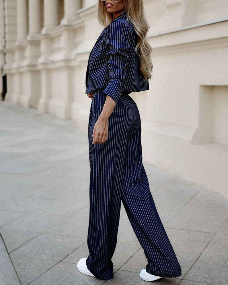 Women's spring striped suit set by LadyShow featuring a casual cropped long sleeve top and straight pants, perfect for stylish comfort.