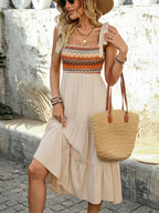 Tie shoulder square neck tiered midi dress by Trendsi, featuring a stylish design with a flowy, layered skirt and midi length.