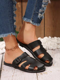Comfortable leather slip-on sandals with adjustable buckle straps, designed for easy wear and everyday comfort.