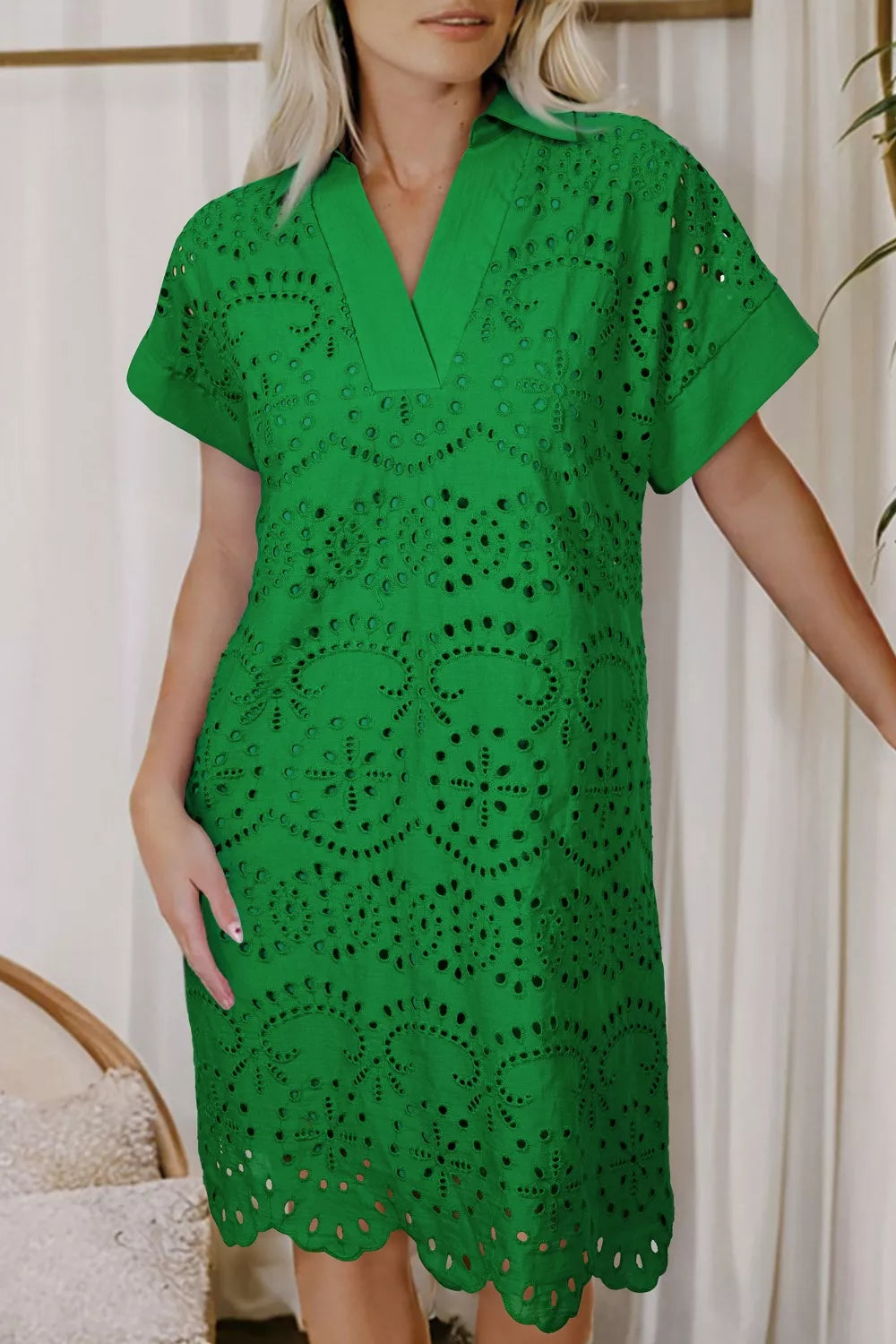 Plush Fashion Hub eyelet-collared short sleeve dress with a fitted silhouette and button-front design, perfect for casual wear.