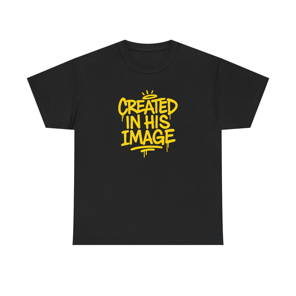 Black Created In His Image T-shirt by Wear Your Worship featuring Genesis 1:27 inspirational graphic design.