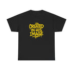 Black Created In His Image T-shirt by Wear Your Worship featuring Genesis 1:27 inspirational graphic design.
