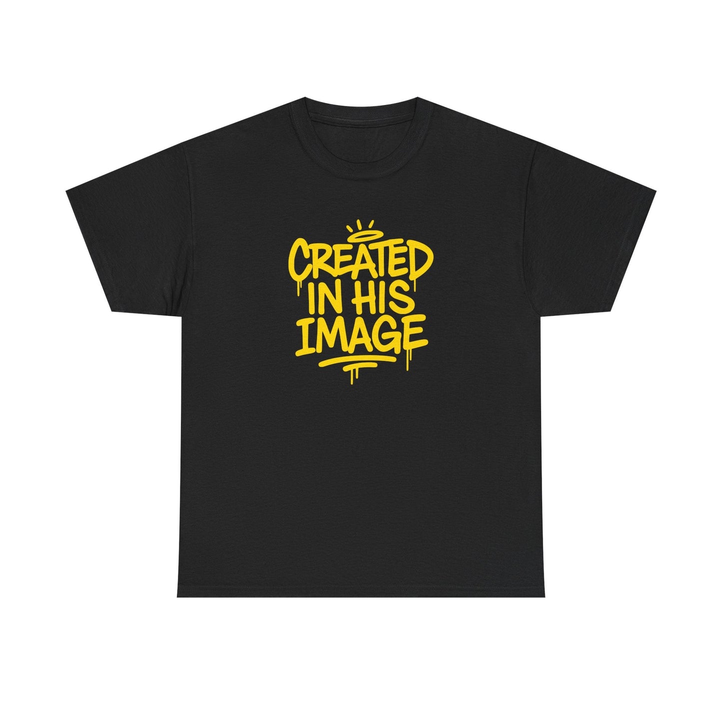 Black Created In His Image T-shirt by Wear Your Worship featuring Genesis 1:27 inspirational graphic design.