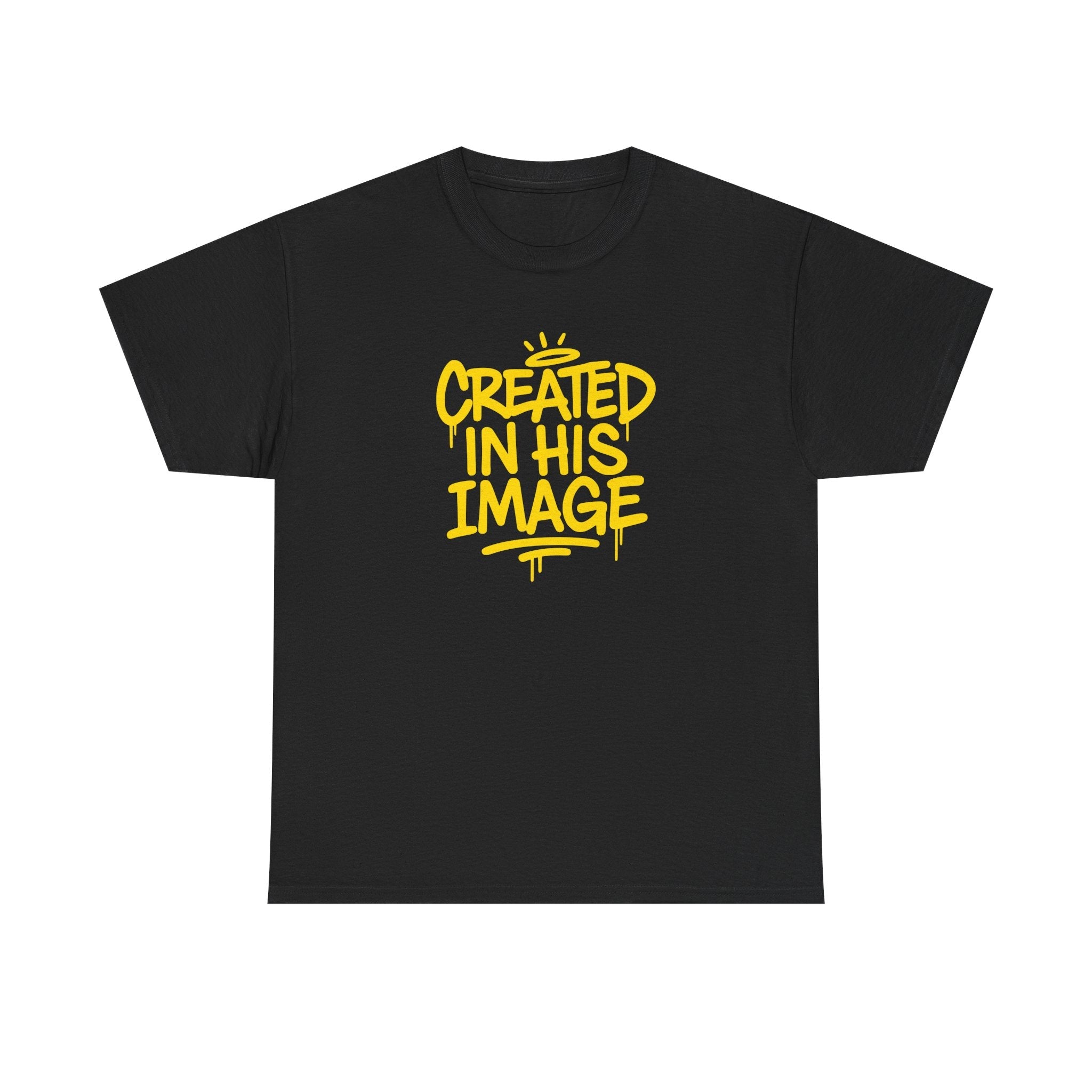 Black Created In His Image T-shirt by Wear Your Worship featuring Genesis 1:27 inspirational graphic design.