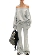 Shoulder Cut-Out Crop Top with Long Sleeve Matched with Flared Leg Wide-Leg Sweatpants