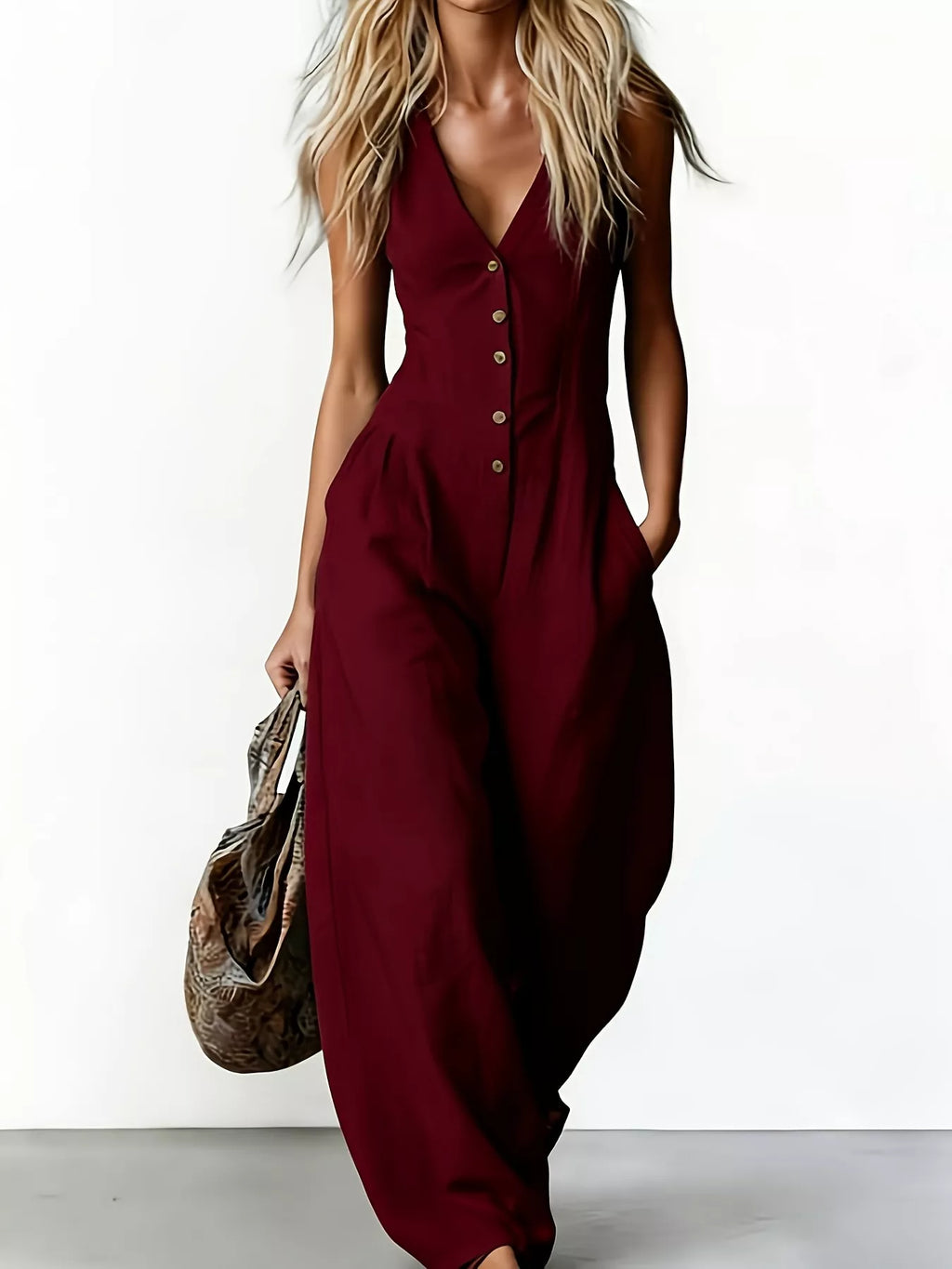 V-neck button-down wide-leg jumpsuit by Trendsi, shown in a stylish and comfortable design with flowing fabric and full-length legs.