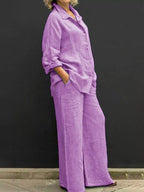 Plus size Shopimist long sleeve shirt and pants set, full-length casual clothing laid flat, soft fabric, comfortable fit