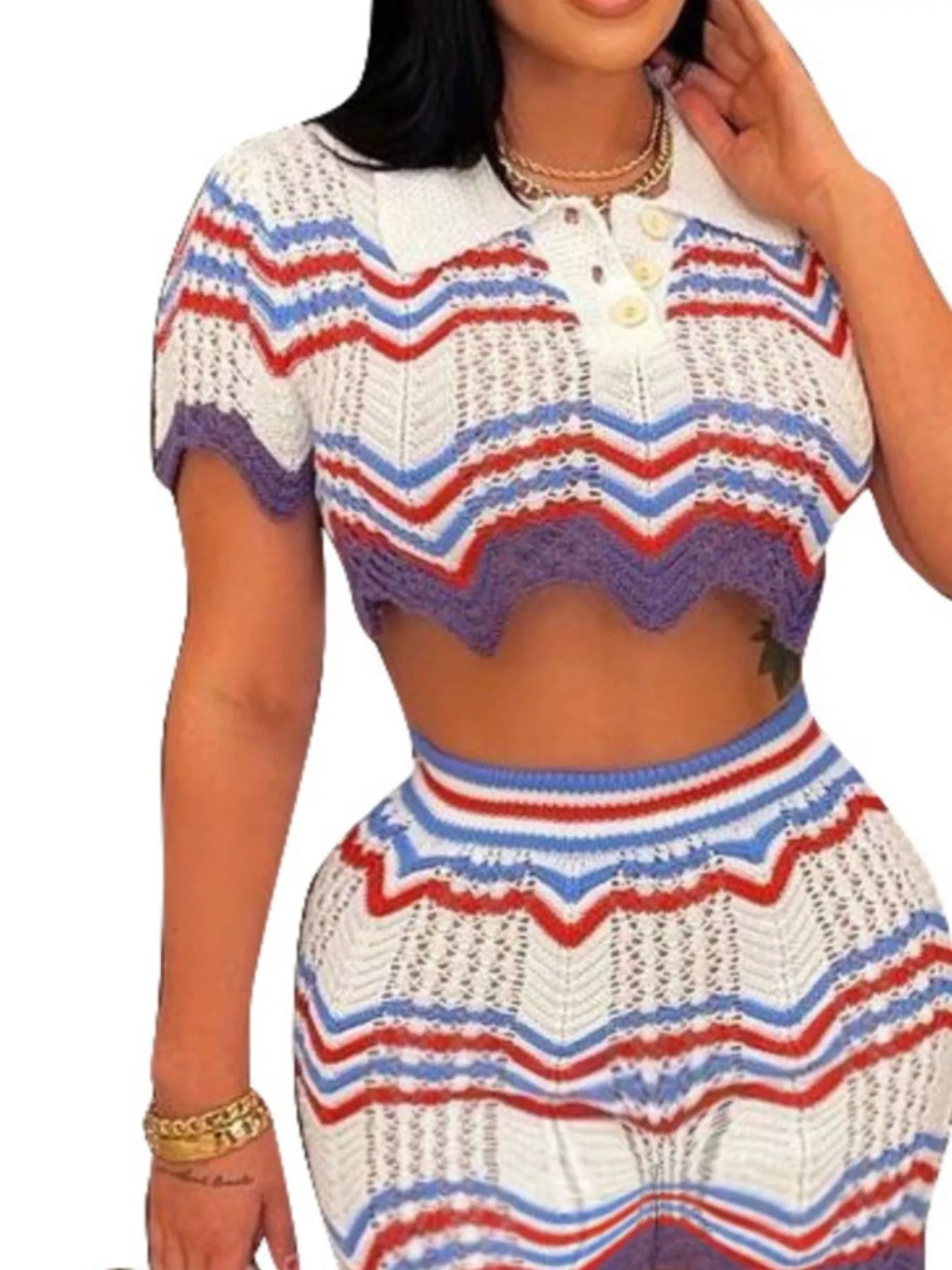 Crochet knit sweater set with zigzag pattern by Shopimist, featuring a cozy, textured design in neutral tones.