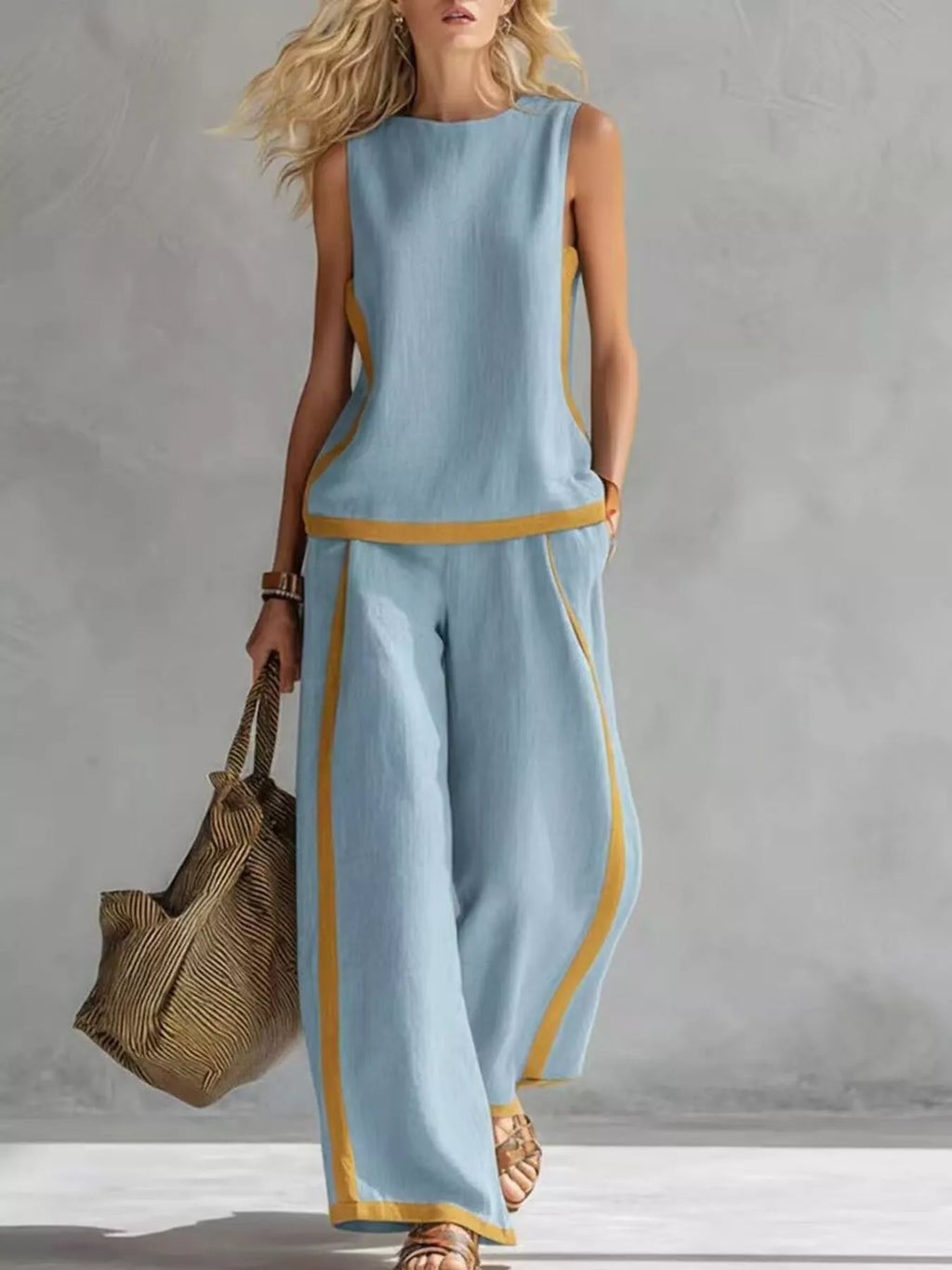 Plus size contrast stripe sleeveless top and wide-leg pants set by Plush Fashion Hub, stylish and comfortable summer outfit.