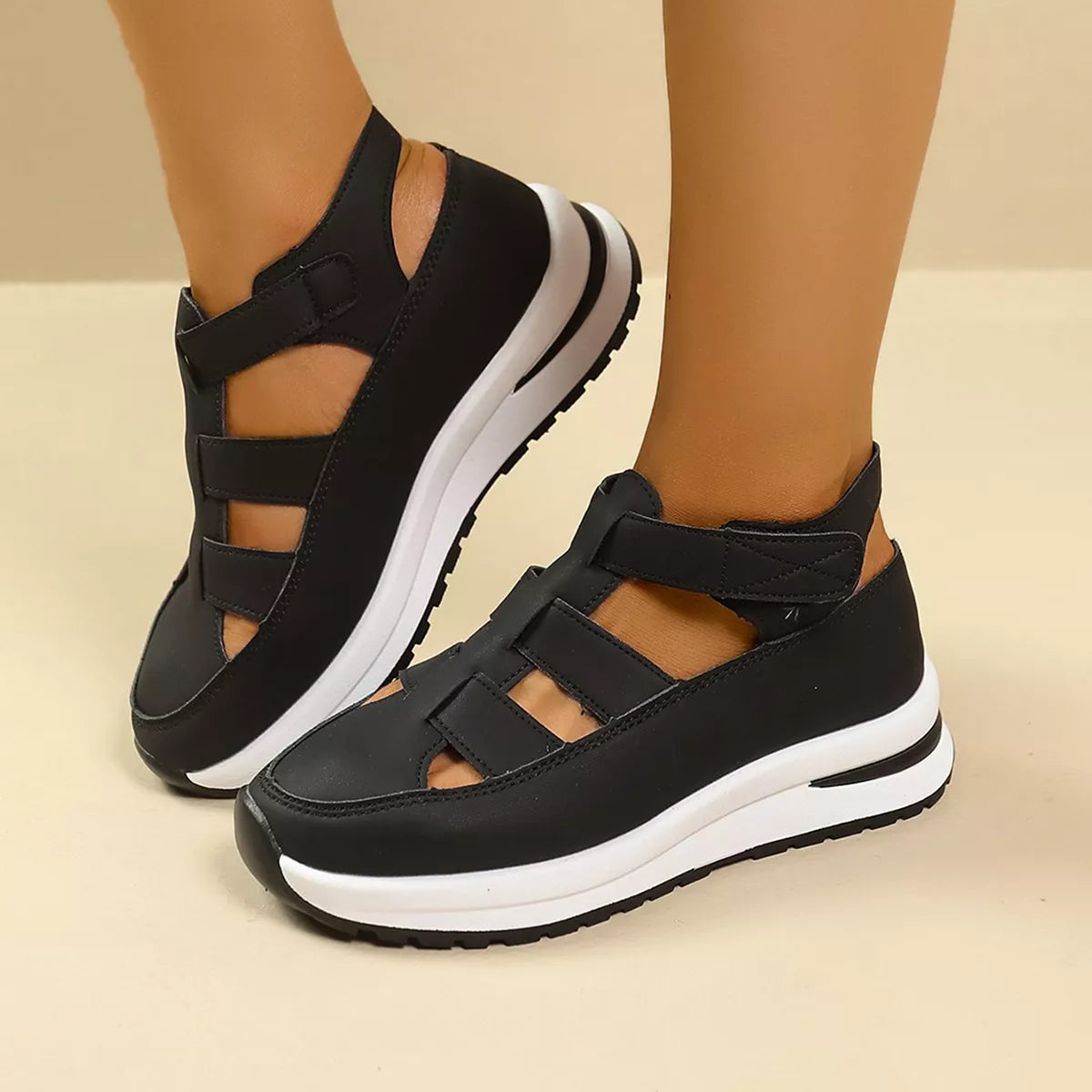 Plush Fashion Hub cutout round toe platform sandals showing open toe design and chunky heel in a stylish beige color.