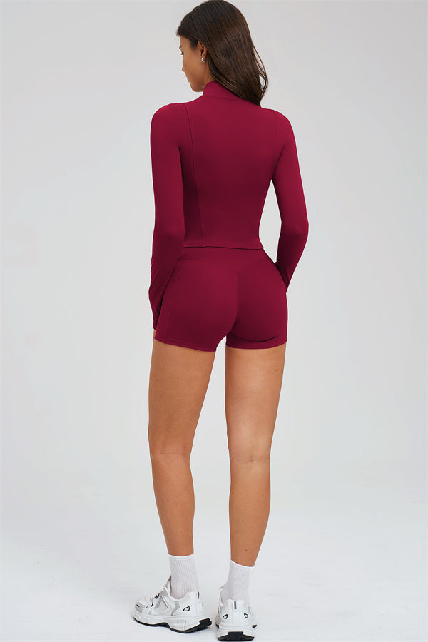 Fitglutes Activewear sports bra, zip jacket, and shorts 3-piece set for workout and gym training, shown in the image.