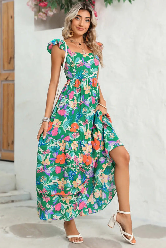 Floral Ruffle Green Tiered Maxi Dress Pretty Little Patriot
