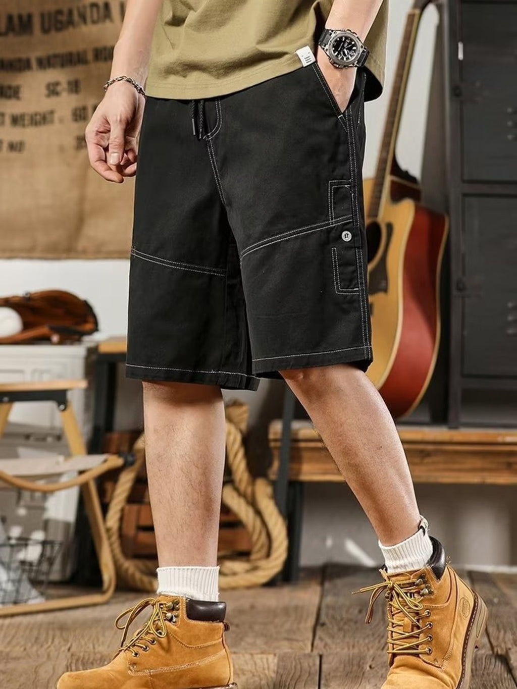 Men's plus size casual shorts with drawstring waist and deep pockets, relaxed fit, by Trendsi. Comfortable mens casualwear.