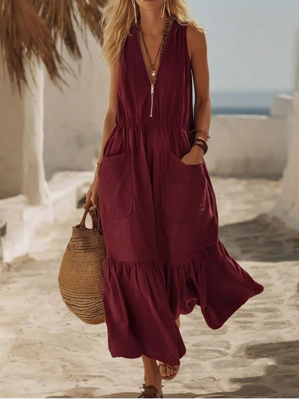Plus size sleeveless maxi dress by Shopimist with zipper front, pocket details, and ruffle hem, perfect for casual summer wear.
