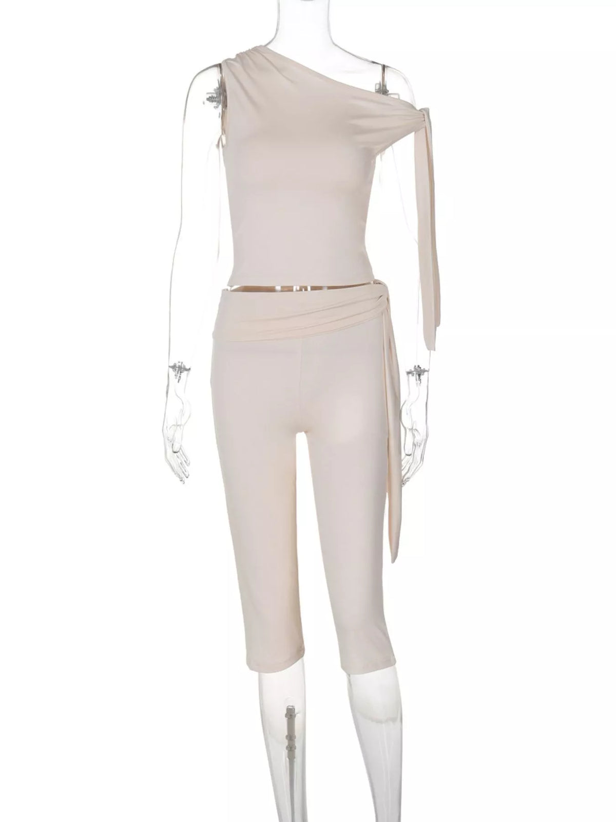 Asymmetrical one-shoulder top and matching capris set by Plush Fashion Hub, stylish and trendy casual outfit for women.