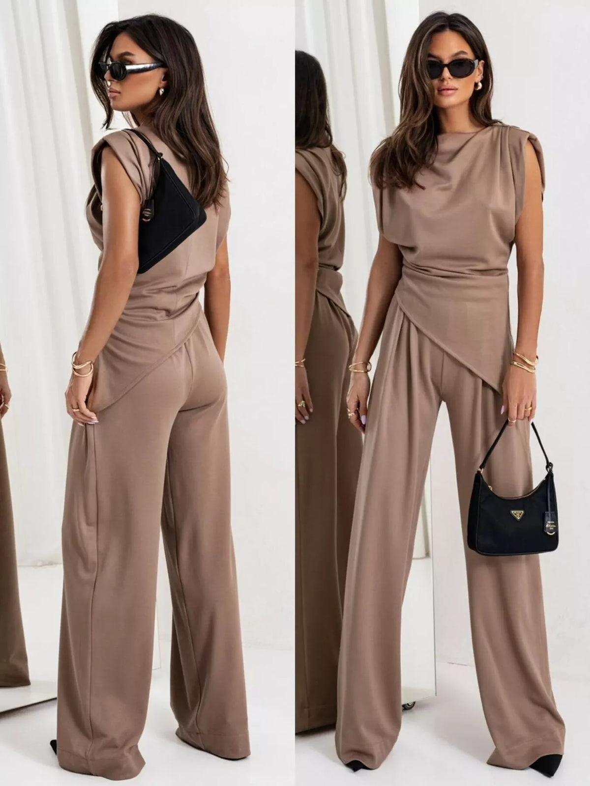 Satin cowl neck top and matching pants set from Plush Fashion Hub, featuring a smooth, shiny fabric and elegant drape.