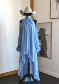 FitiqueFit high neck asymmetric maxi chiffon dress with long sleeves, loose fit casualwear for elegant, flowing style.