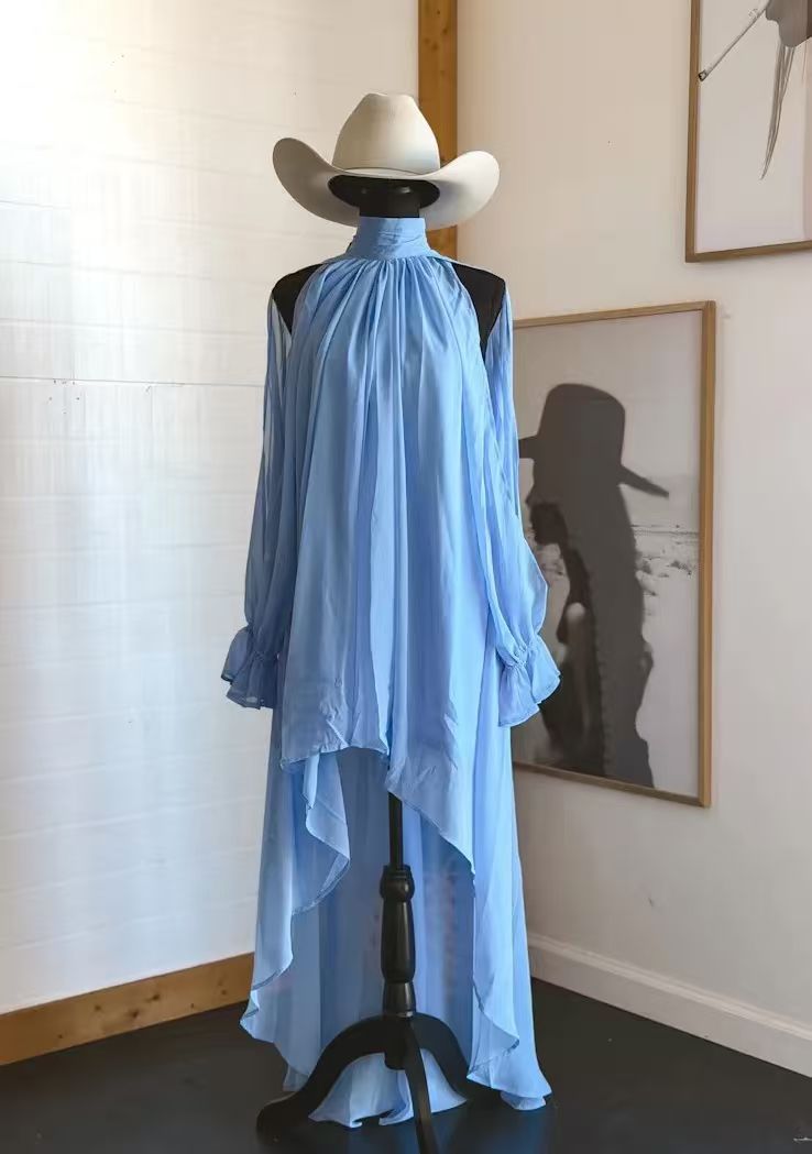 FitiqueFit high neck asymmetric maxi chiffon dress with long sleeves, loose fit casualwear for elegant, flowing style.