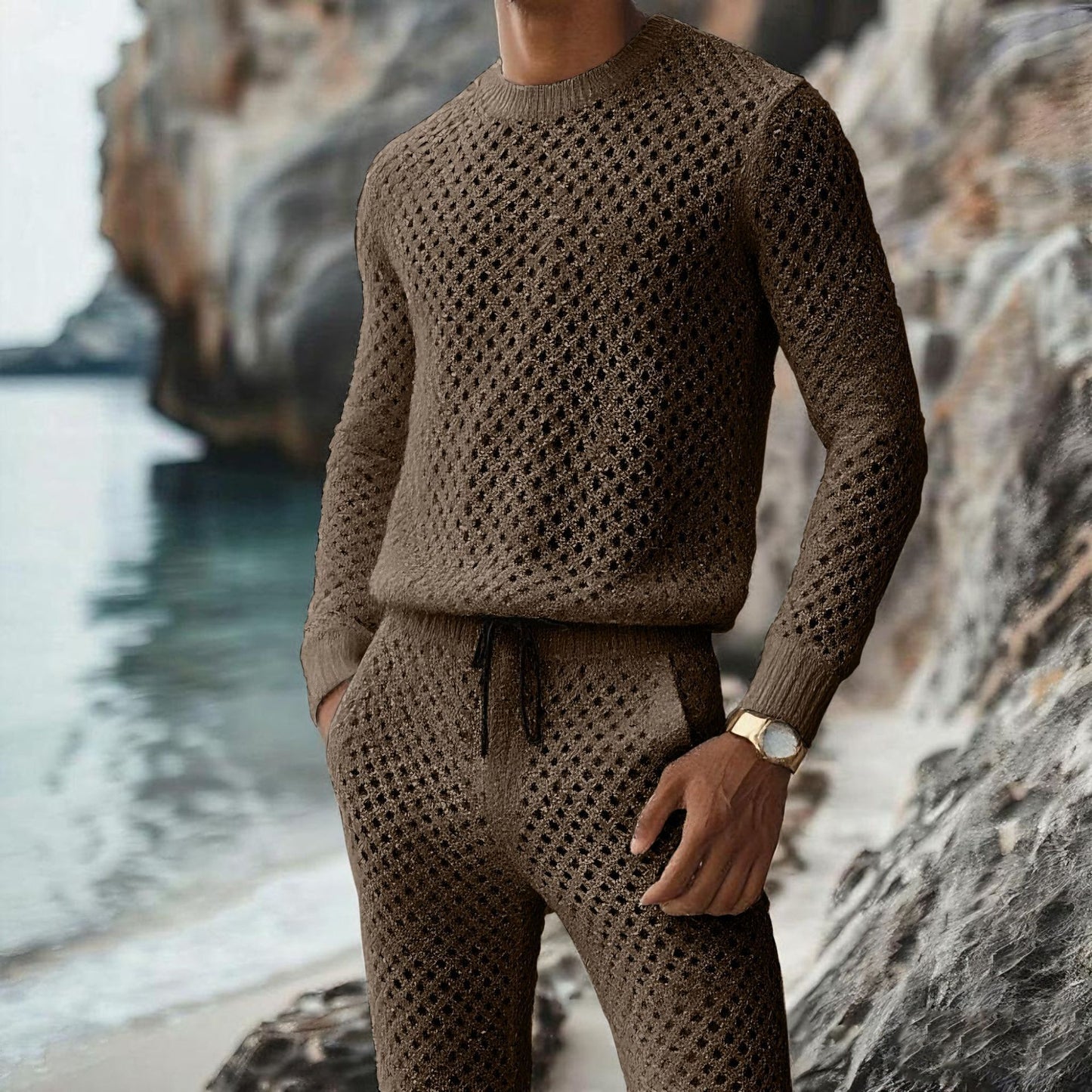 Soft beige women's ribbed long sleeve knit top from Plush Fashion Hub's lounge set, featuring a fitted, comfortable design.