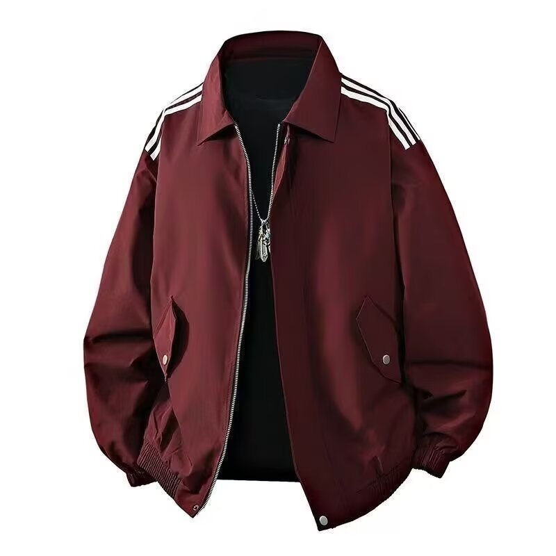 Maroon nylon casual jacket with white shoulder stripes, front zipper, collar, and buttoned flap pockets.