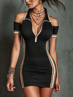 Women's elastic high waist mini dress with contrast stripes and front zipper, stylish and fitted from Plush Fashion Hub.