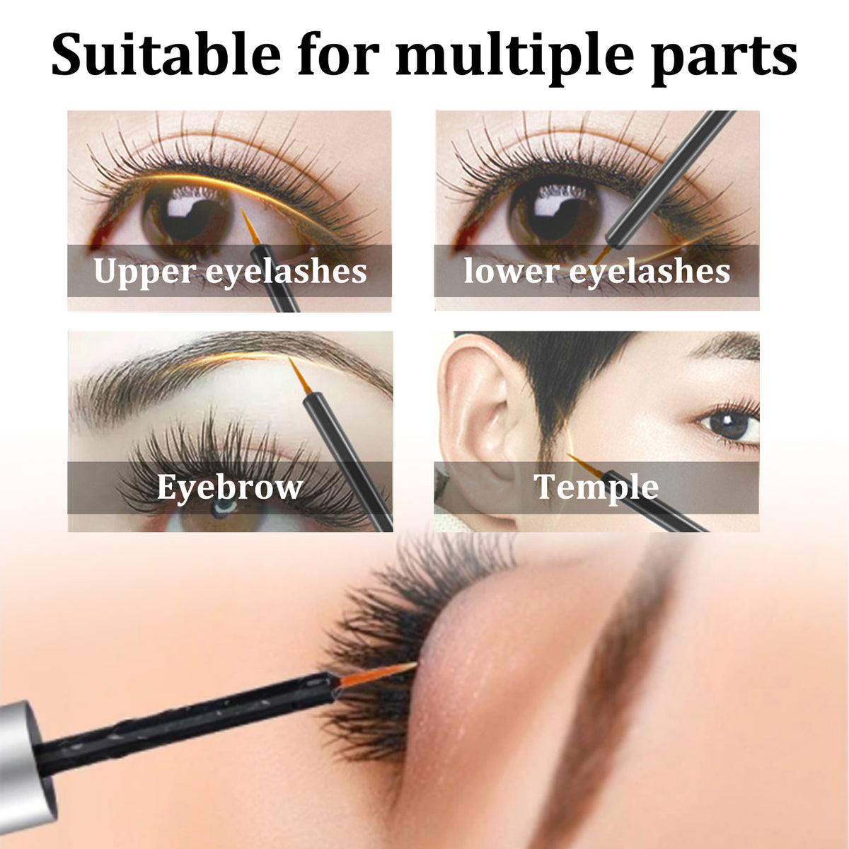 Five panels demonstrate cosmetic growth serum application on upper eyelashes, lower eyelashes, eyebrows, and temples.