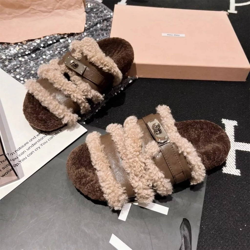 Simply Love fuzzy plush slippers with buckle accent, cozy interior, and soft sole for comfortable indoor wear.